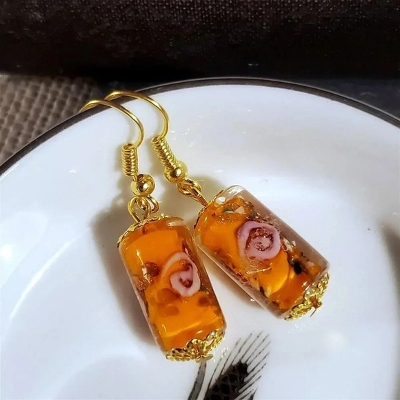 Orange Murano Lampwork Glass Flower Inside Vintage Beads Round Tube Earrings - Picture 2 of 11